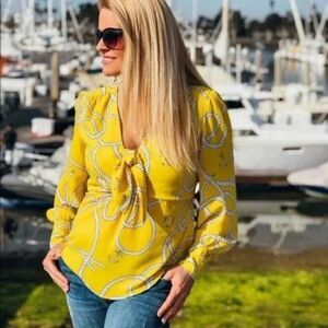CAbi Yellow Rope-Print Tie-Neck Blouse